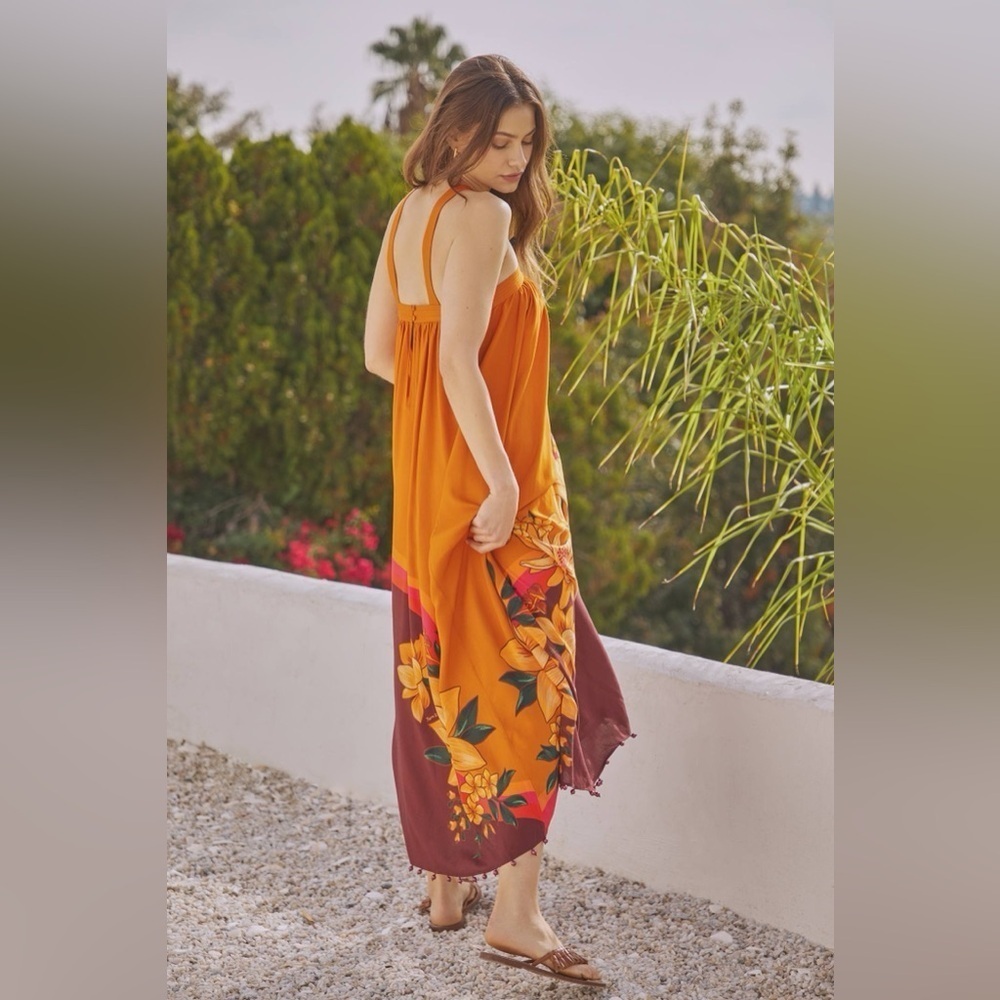 FARM RIO Orange Boho Maxi Dress Pinafore Cover Up Floral Whimsy Brown Size S NEW - Picture 2 of 15
